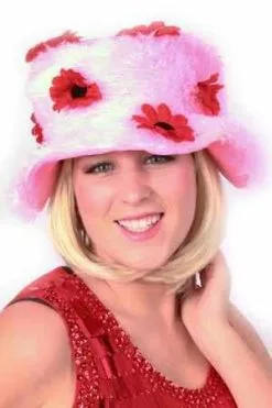 Dameshoed Pluche Roze Met Bloemen