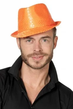 Gangsterhoed Pailletten Neon Oranje