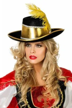 Musketiershoed Met Gekleurde Band En Veer Goud